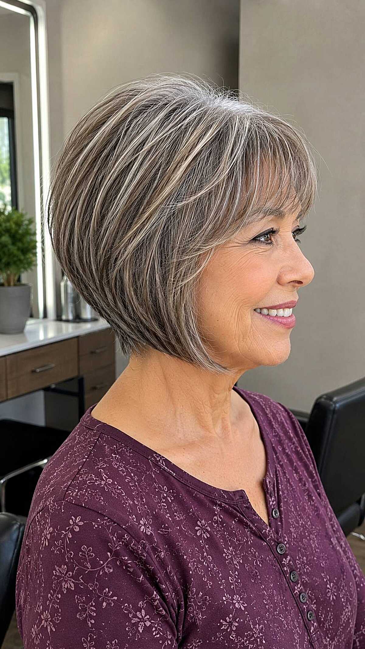 Salt and pepper A-line bob with bright highlights