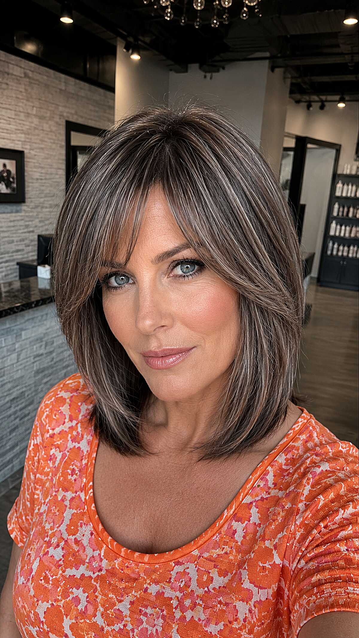 Salt and pepper lob with silver highlights and bangs
