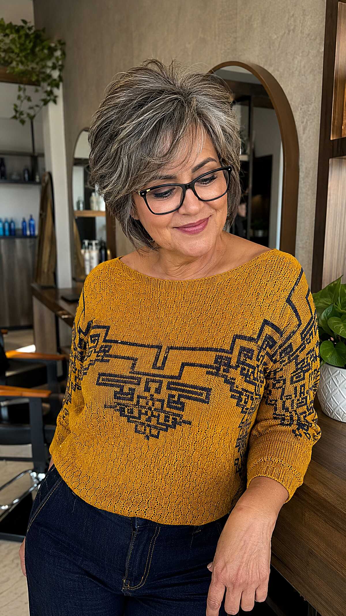 Salt-and-Pepper Shaggy Pixie With Layered Crown Volume