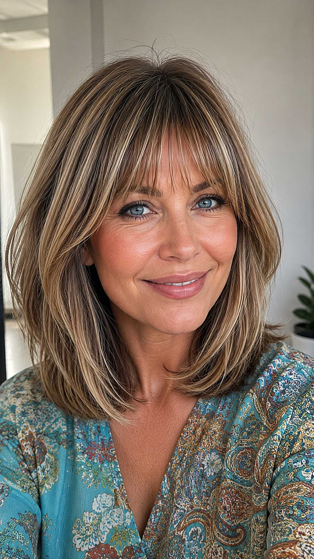 Sandy blonde layered lob with soft curtain bangs