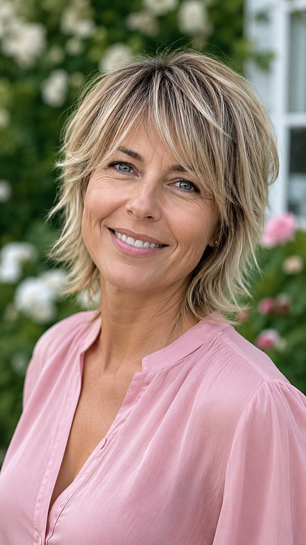 Sandy Blonde Neck-Length Shag with Feathered Curtain Bangs