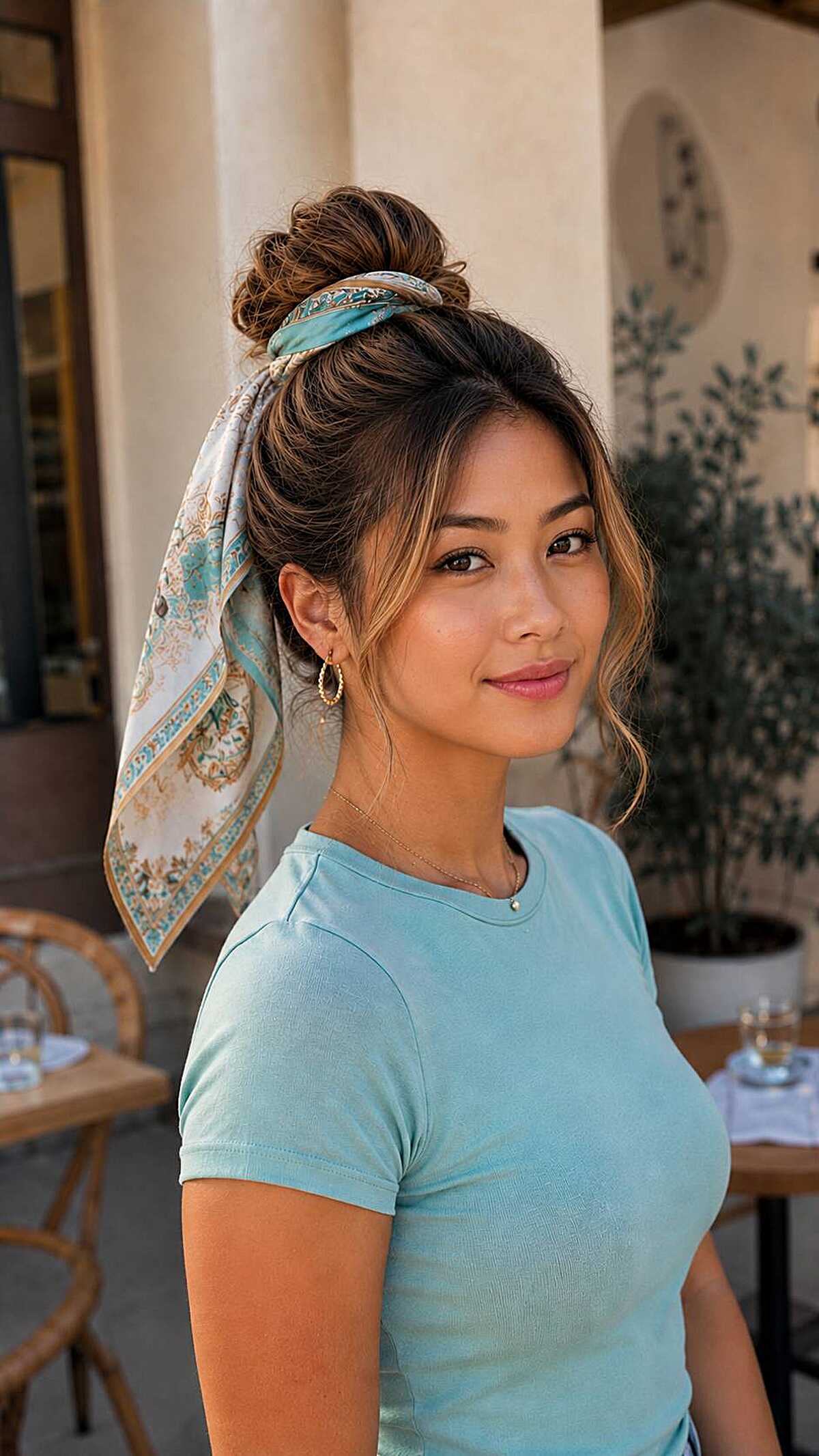 High messy bun wrapped with a printed silk scarf