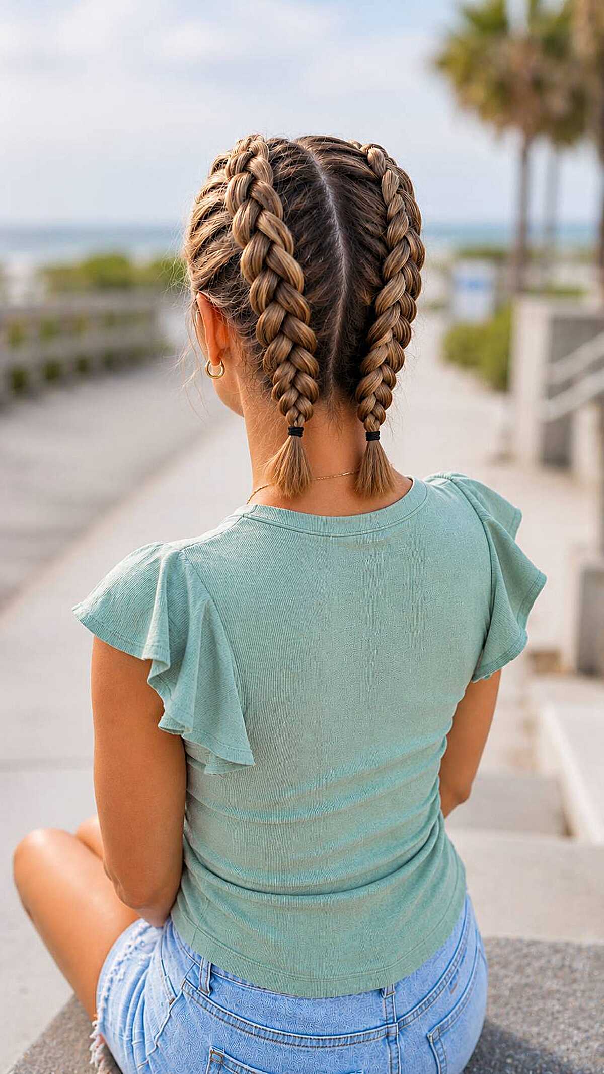 Two short Dutch braids with palm trees in background