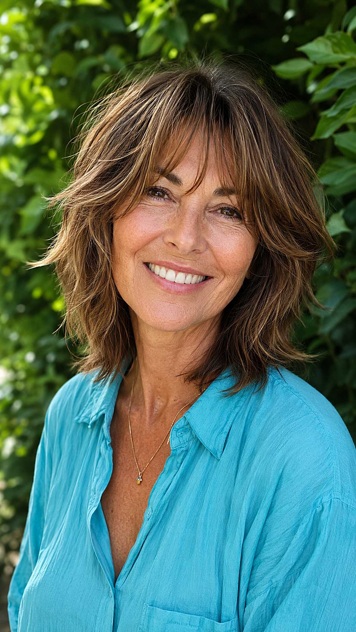 Shoulder-Grazing Brunette Shag with Sun-Kissed Pieces