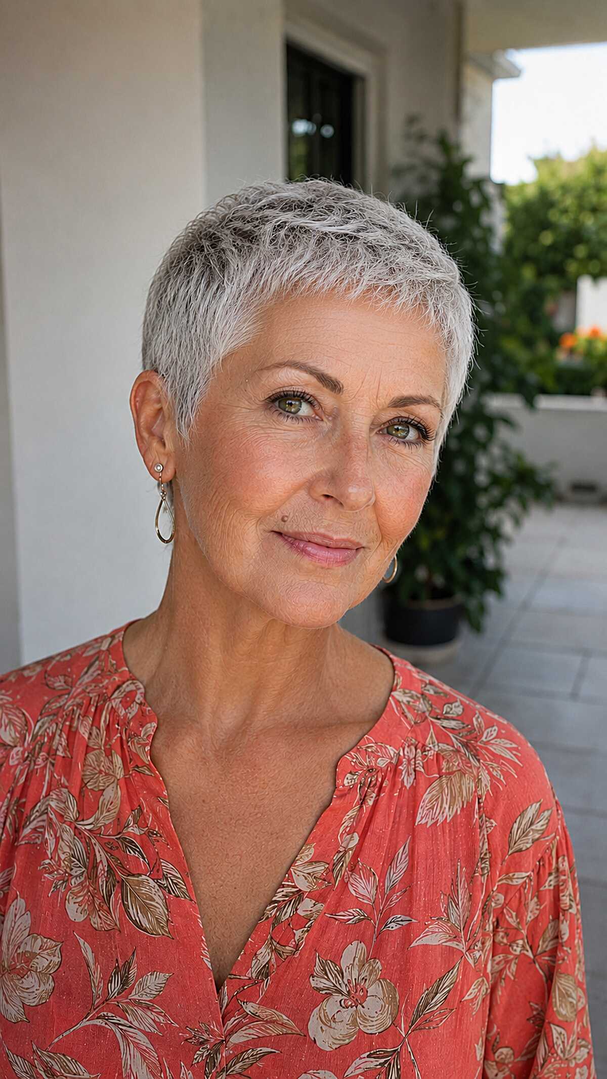 Ultra short silver gray pixie on woman with green eyes