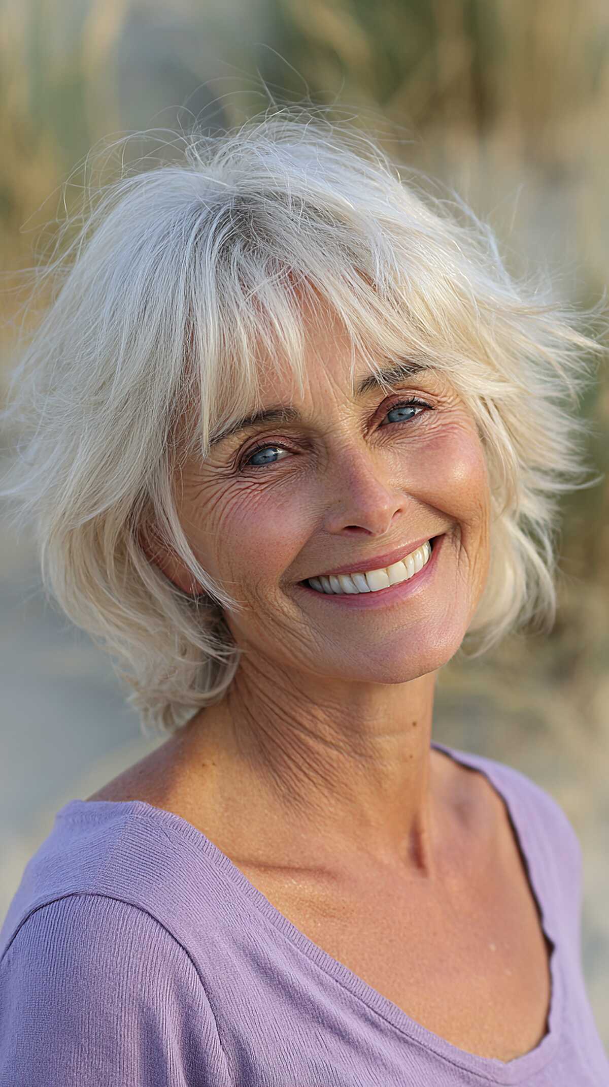 Silver White Chin-Length Shag with Lived-In Flyaways