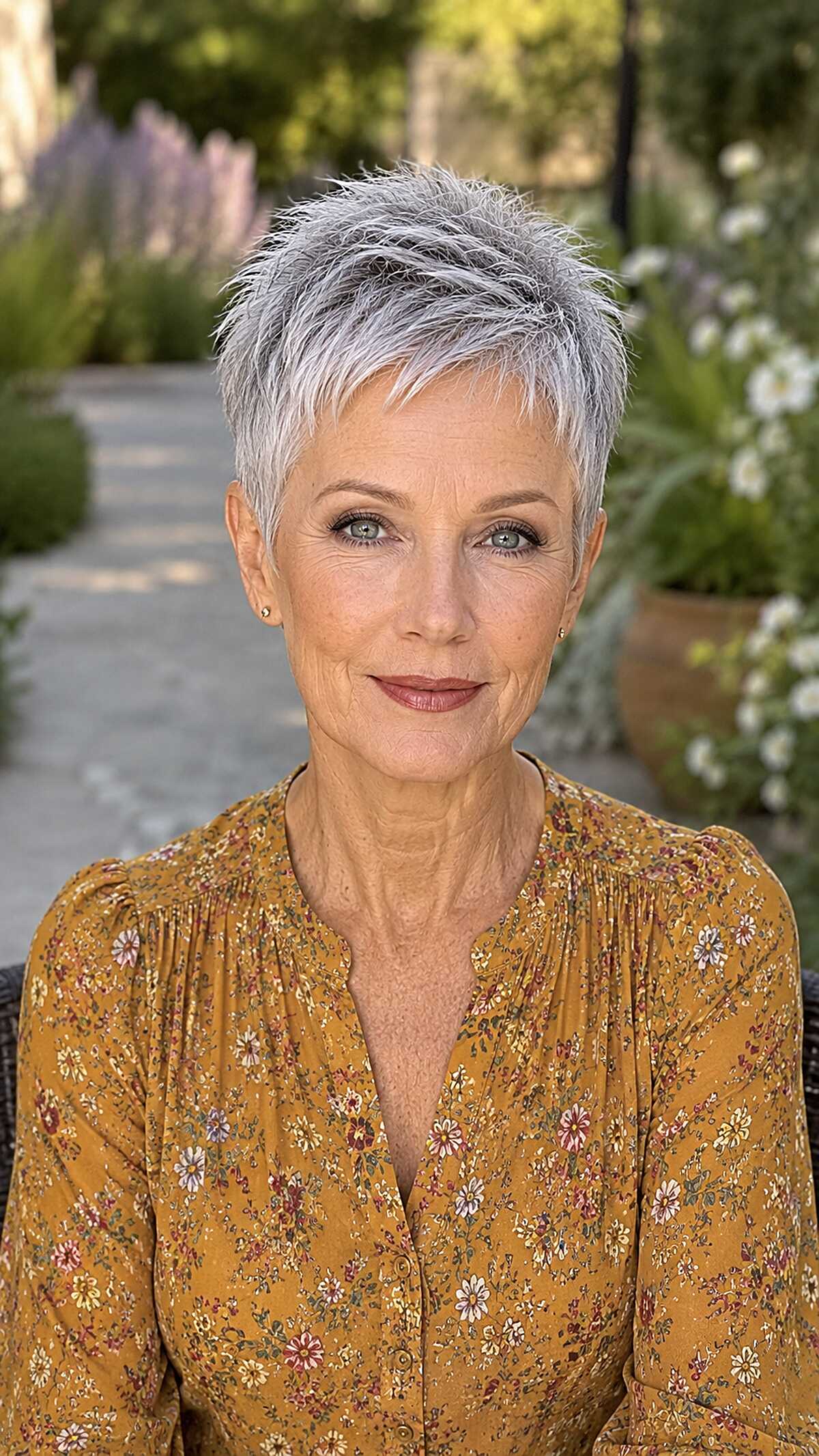 Wispy silver pixie with feathered bangs on older woman