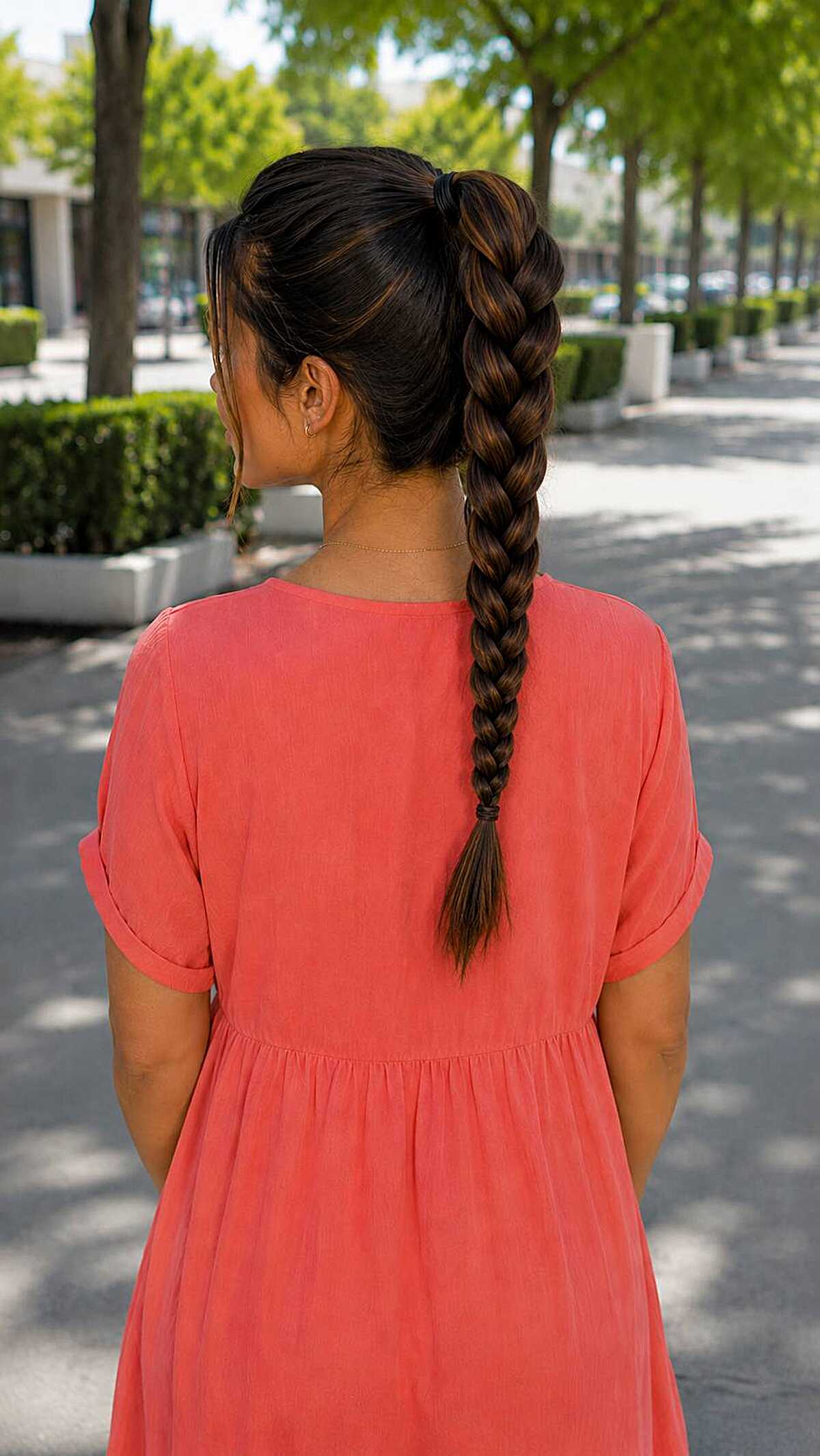 High ponytail with a sleek fishtail braid on dark hair