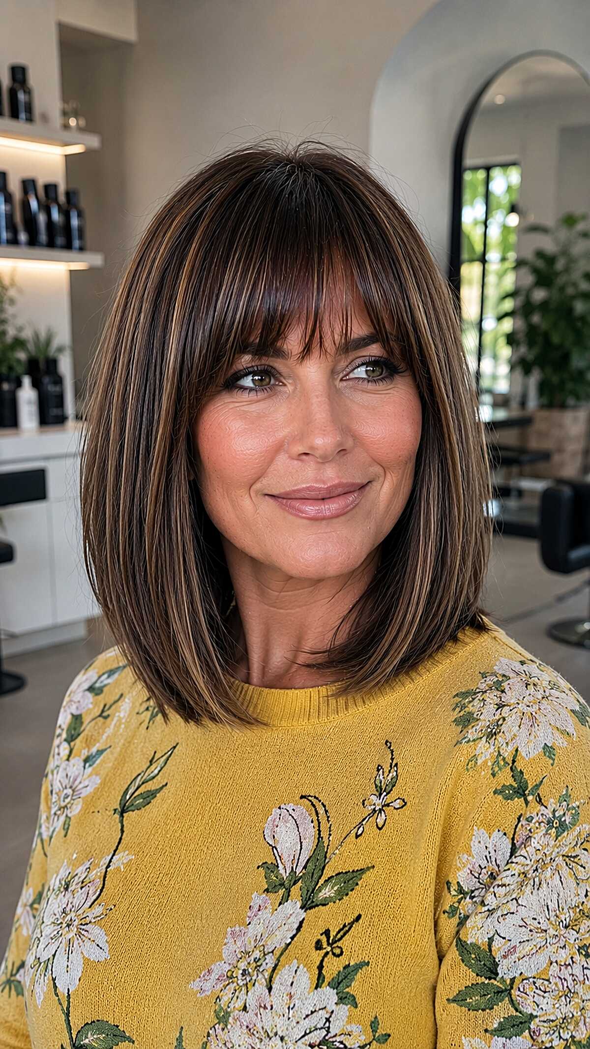 Sleek brunette bob with highlights and full bangs