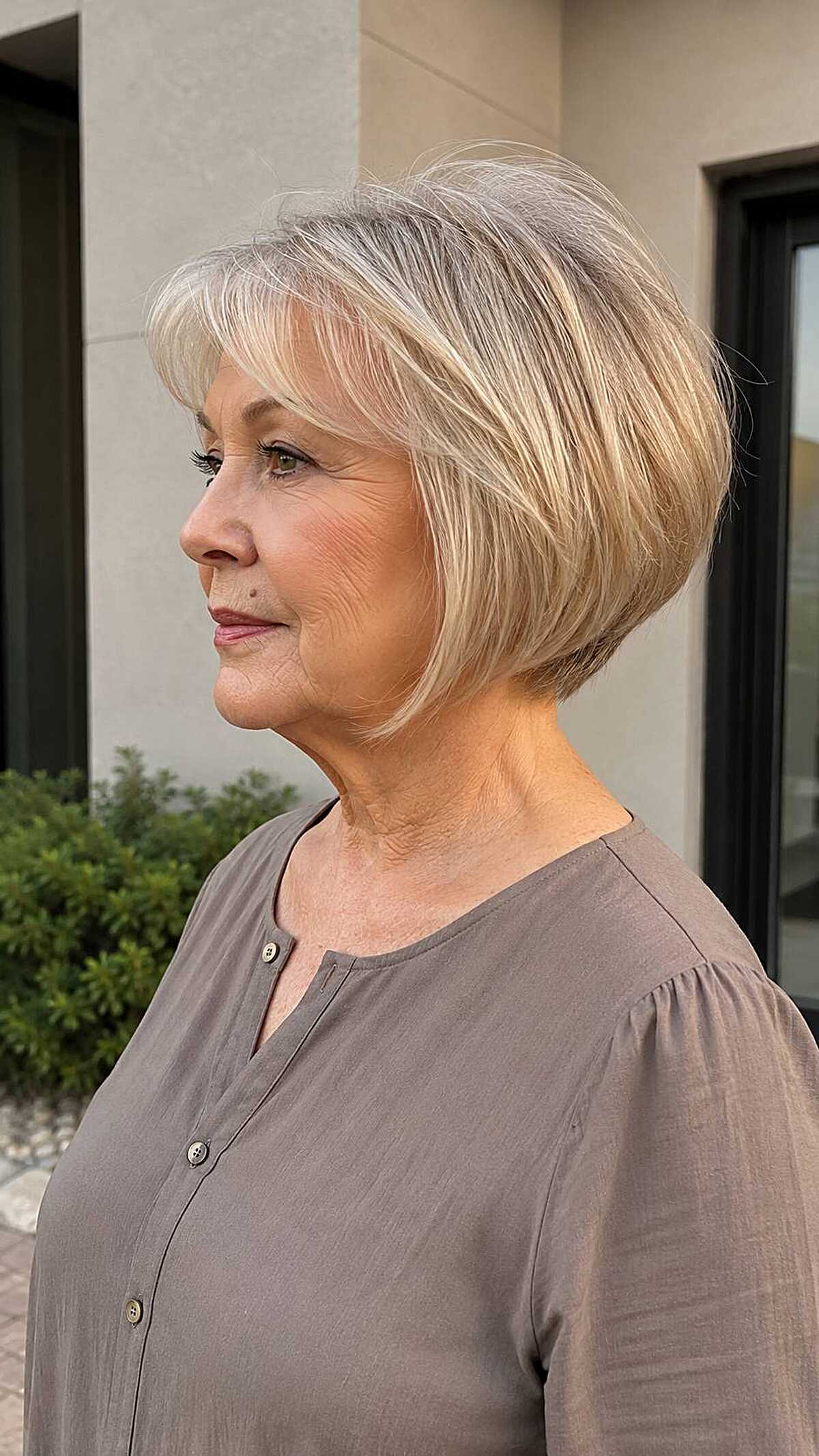 Soft ash blonde textured A-line bob