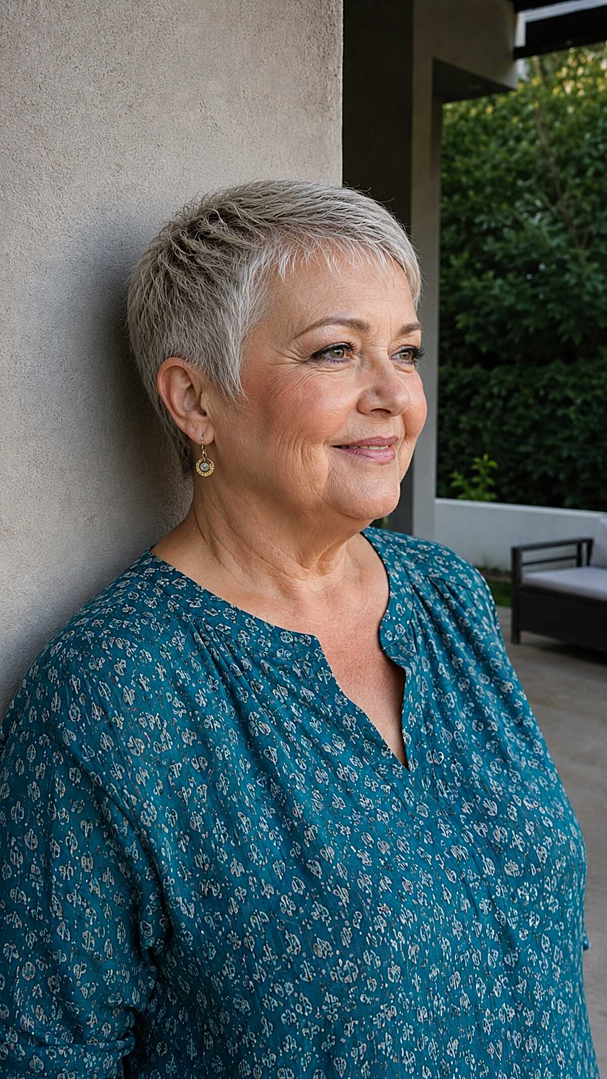 Casual short gray pixie swept to the side
