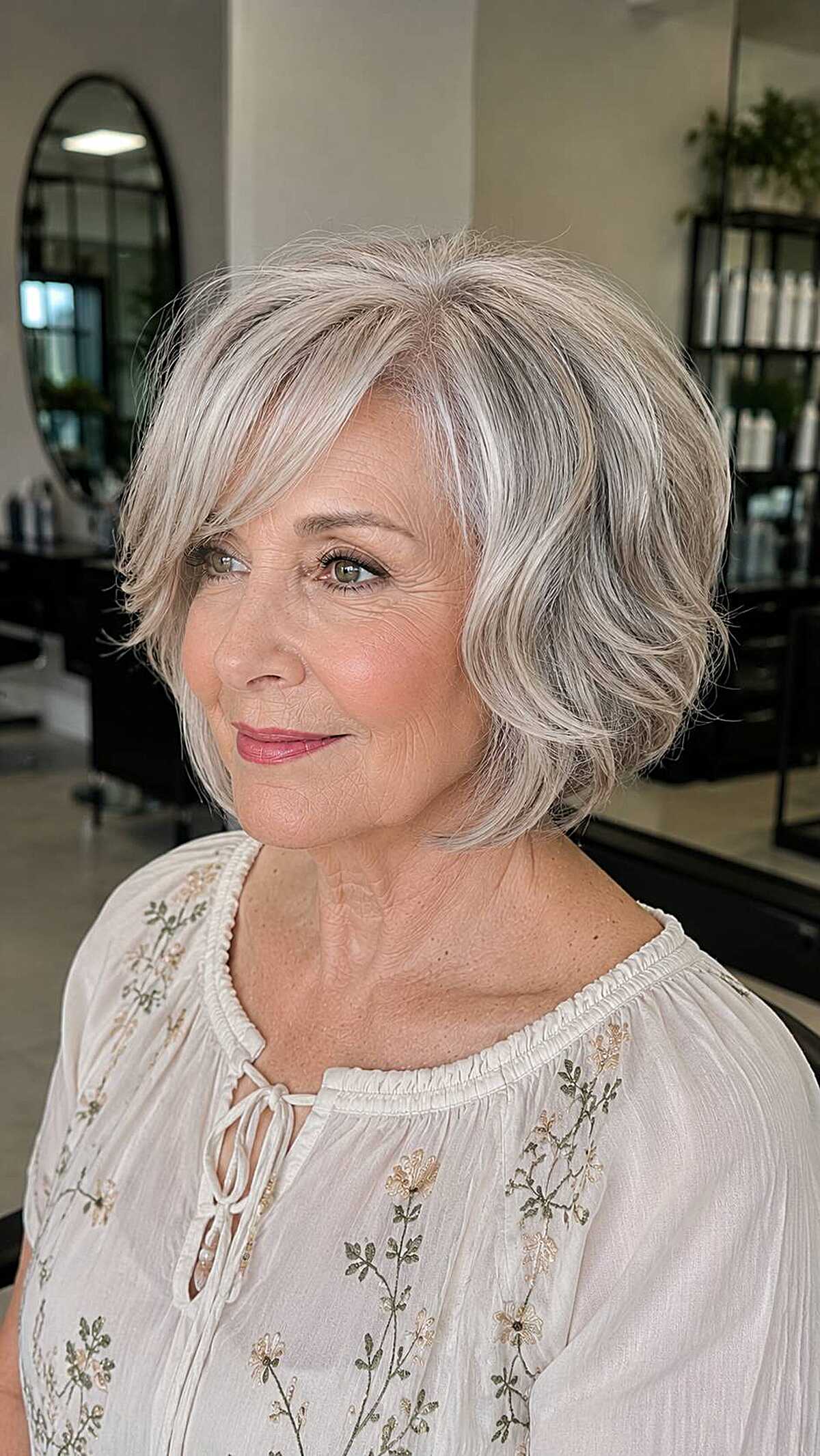 Soft silver wavy bob with piece-y bangs