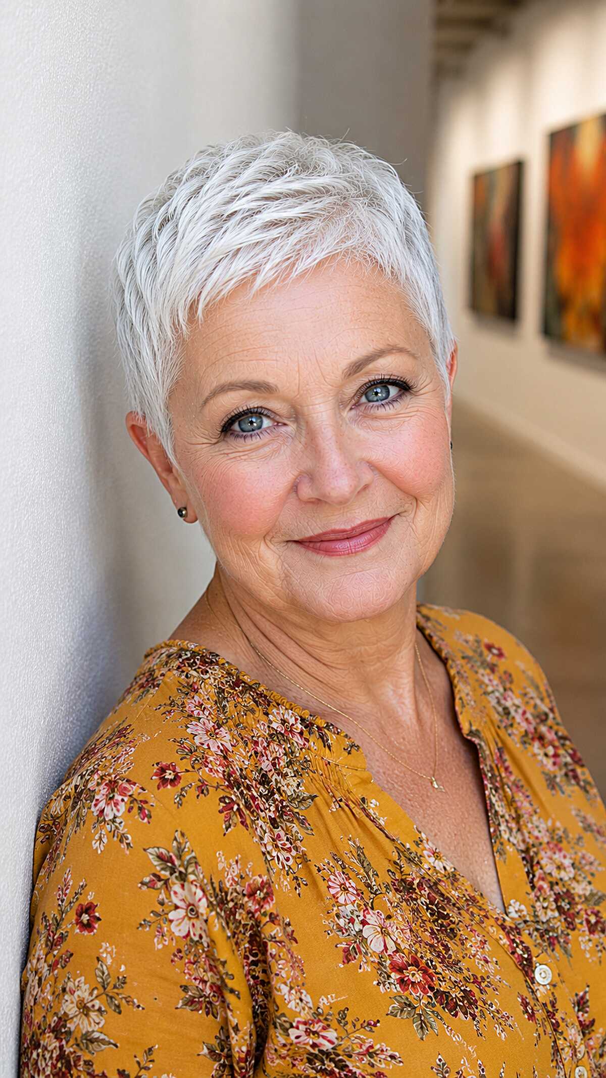Short feathered white pixie cut on woman over 60