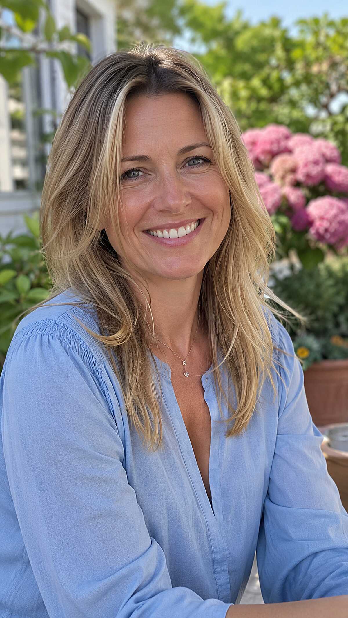 Sun-warmed blonde medium layered hair with soft waves