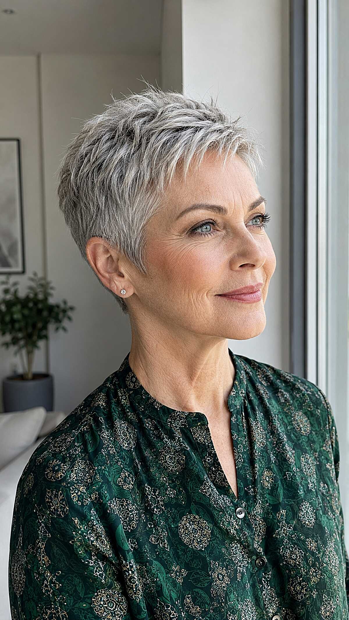 Ash silver short pixie with choppy textured layers