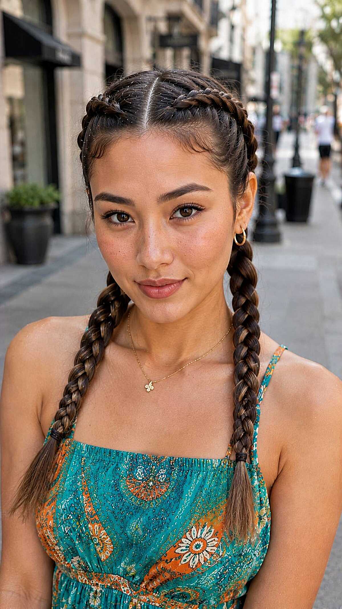 Two tight Dutch braids with a neat center part