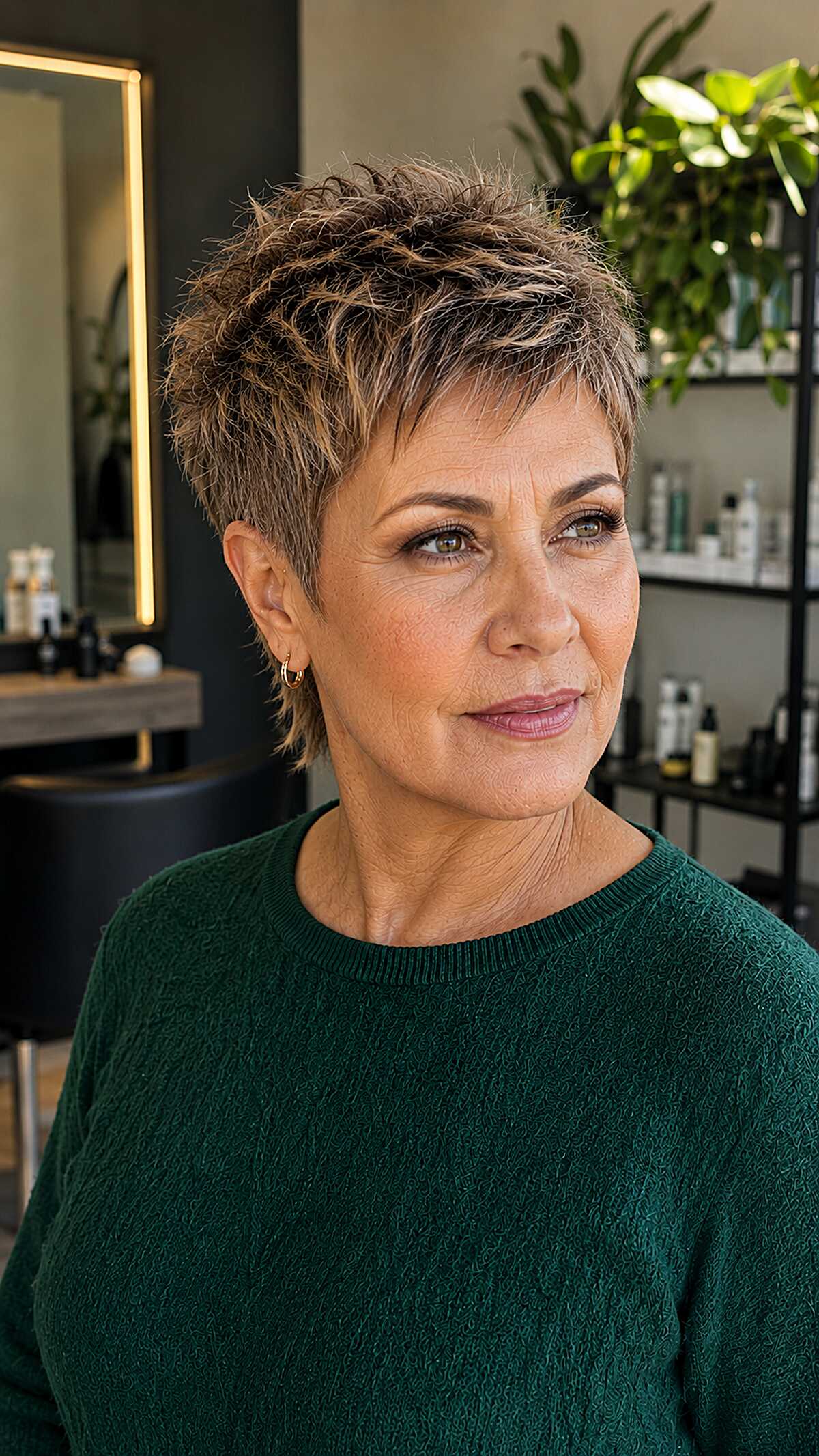 Spiky textured brunette pixie with highlights