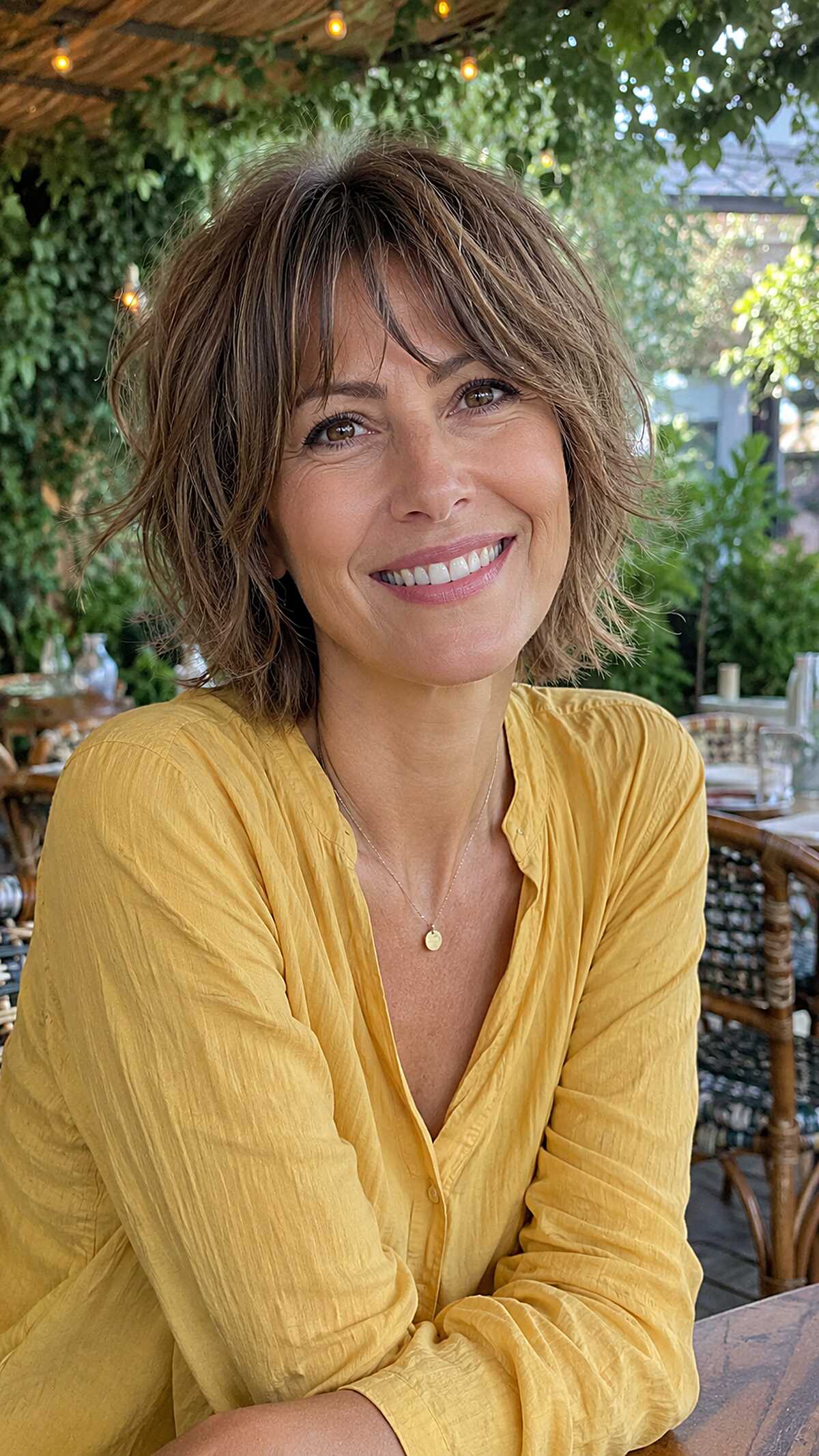 Tousled Chin-Length Brunette Shag with Textured Bangs