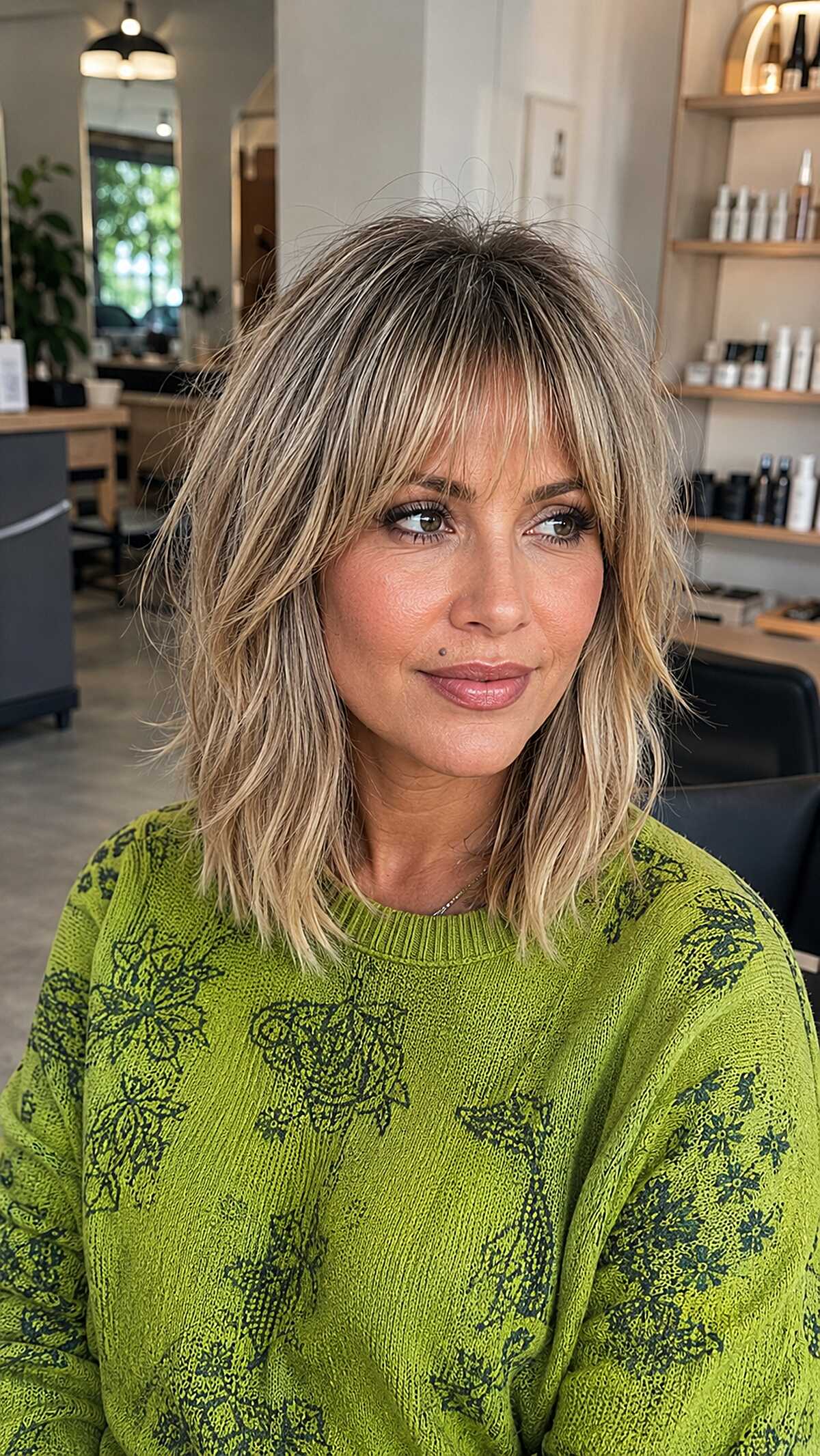 Tousled dirty blonde lob with shaggy layered bangs
