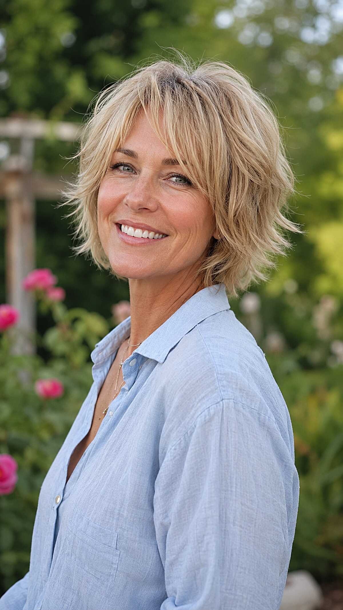 Warm Blonde Chin-Length Shag with Razored Ends and Lifted Crown
