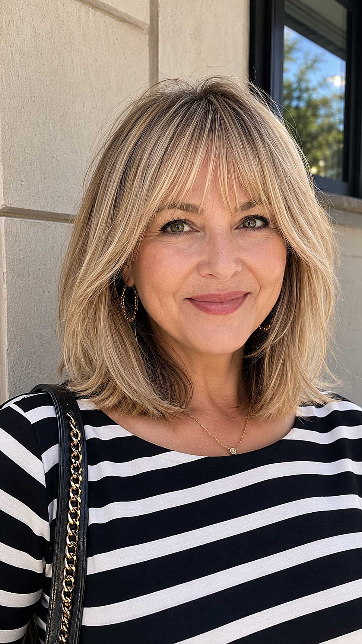 Warm blonde lob with breezy layered bangs