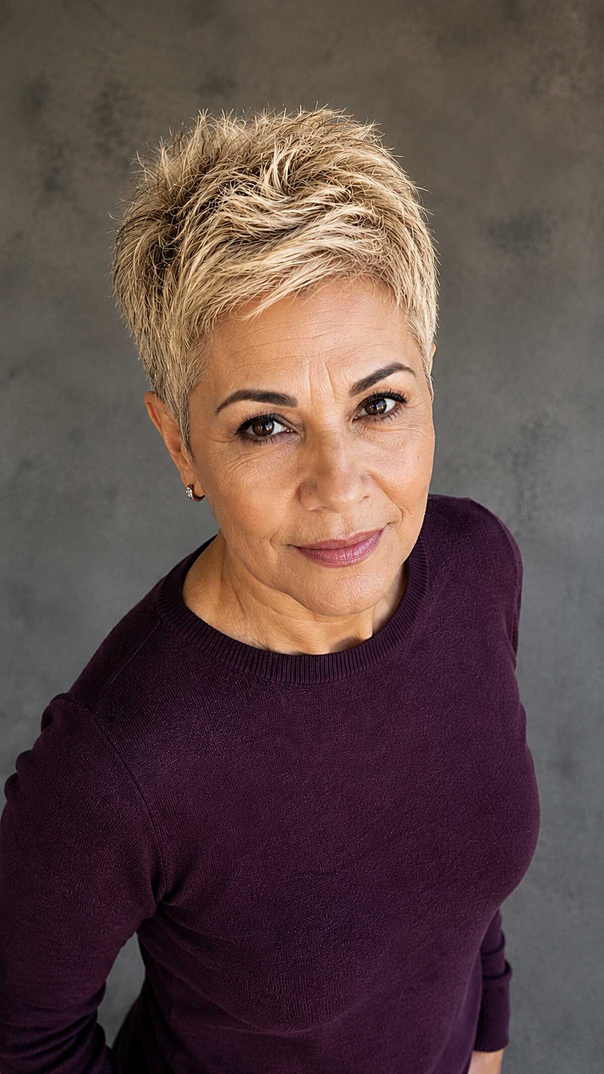 Spiky warm blonde pixie cut on woman over 60