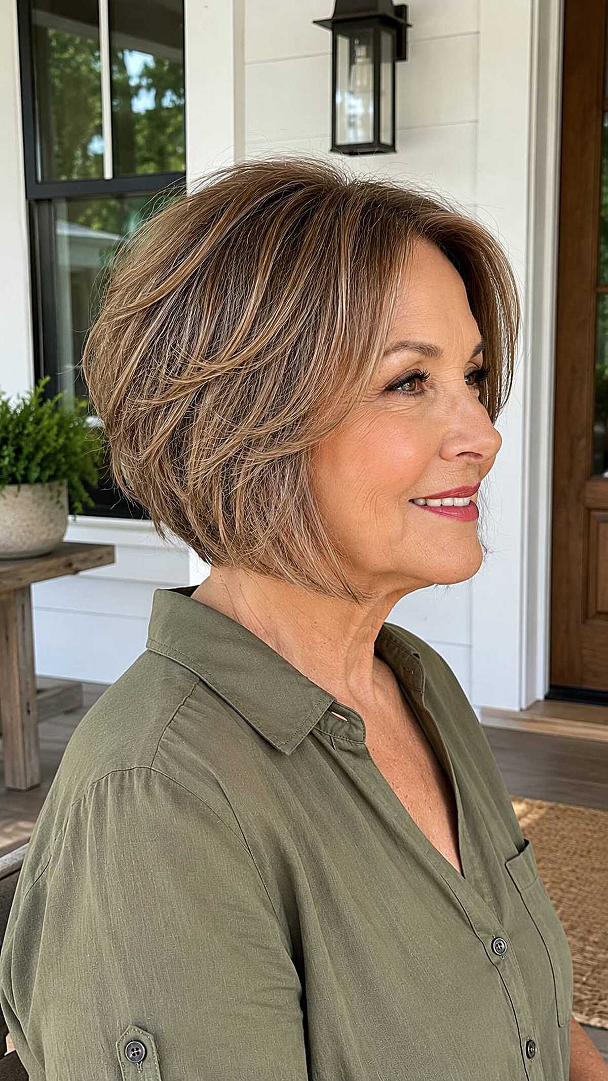Warm brunette layered A-line bob with caramel pieces