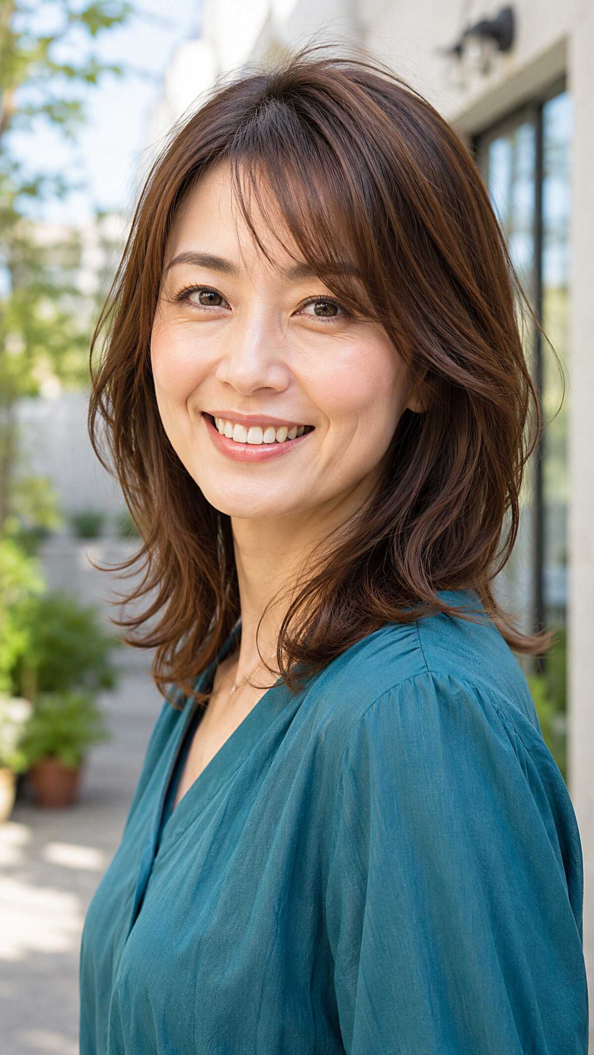 Warm brunette medium layered cut with flipped out ends