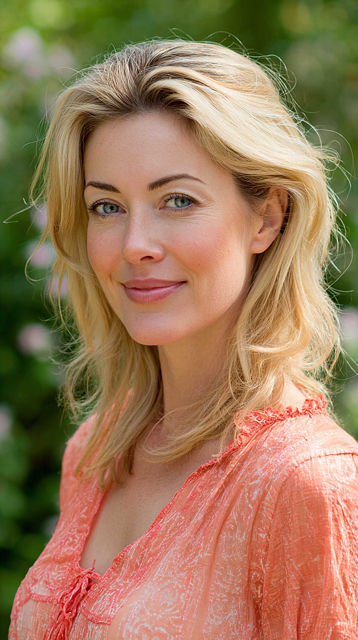 Warm butter blonde medium layered hair swept back