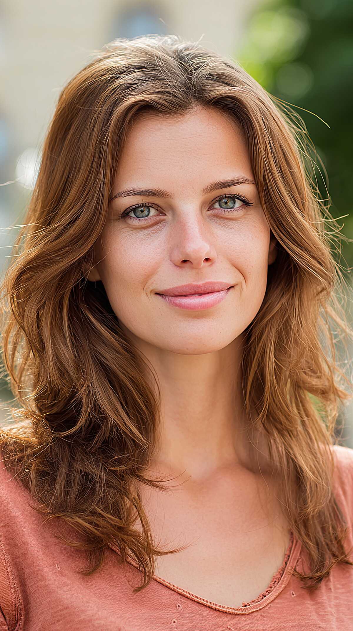 Warm chestnut brown medium layered hair with soft waves