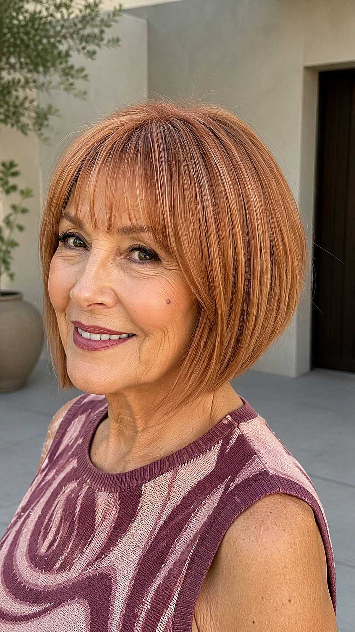 Warm copper A-line bob with soft fringe