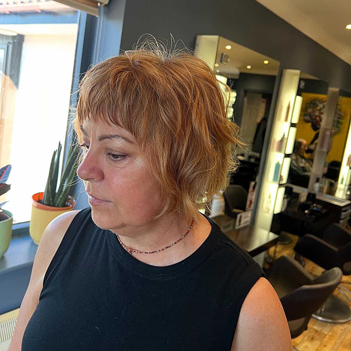Warm copper short textured shag with bangs
