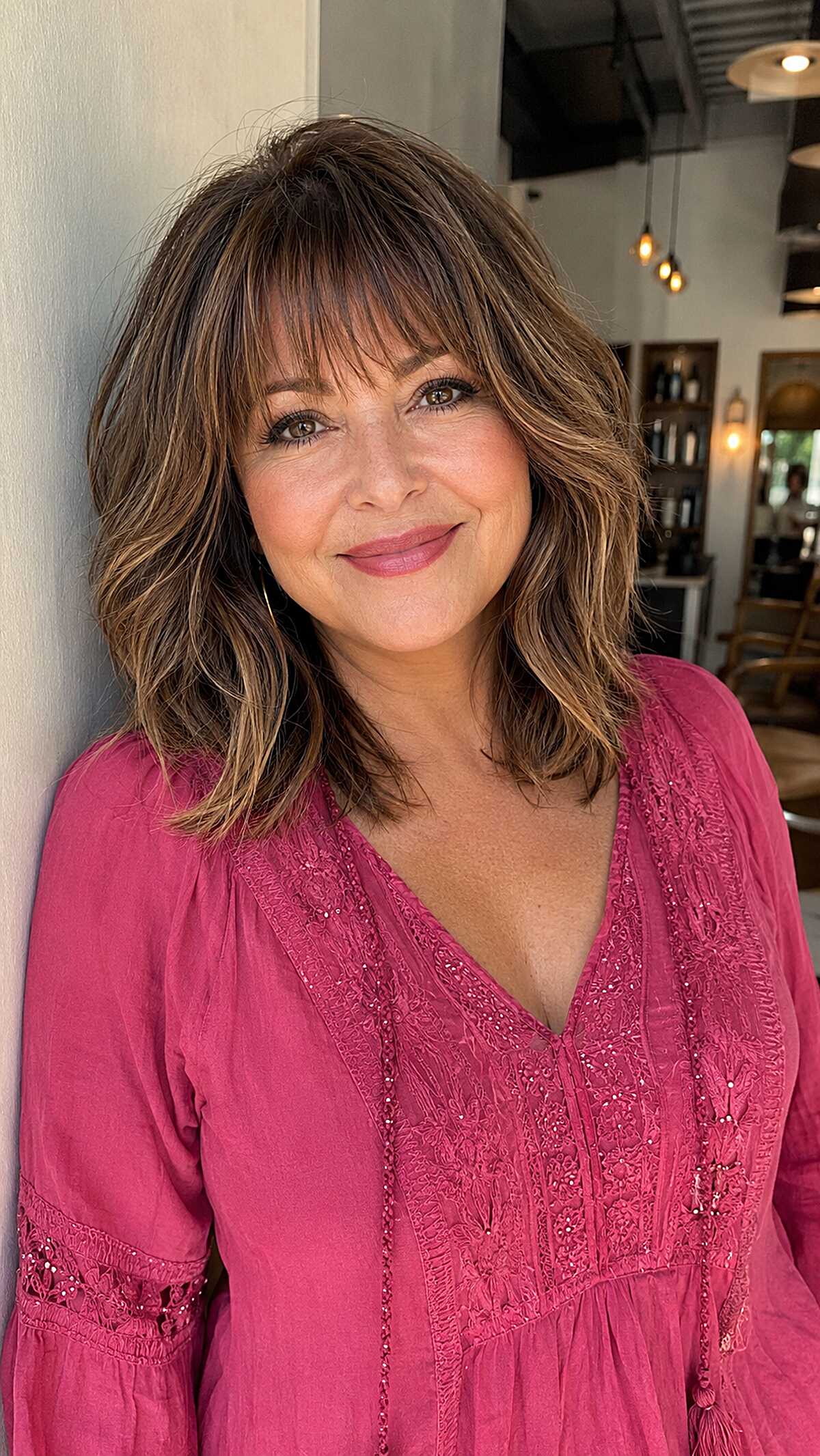 Warm brunette highlighted lob with full wavy bangs