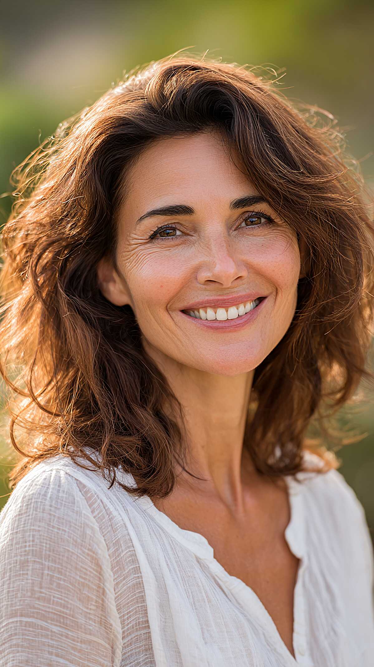 Wavy dark brunette medium hair with windswept layers