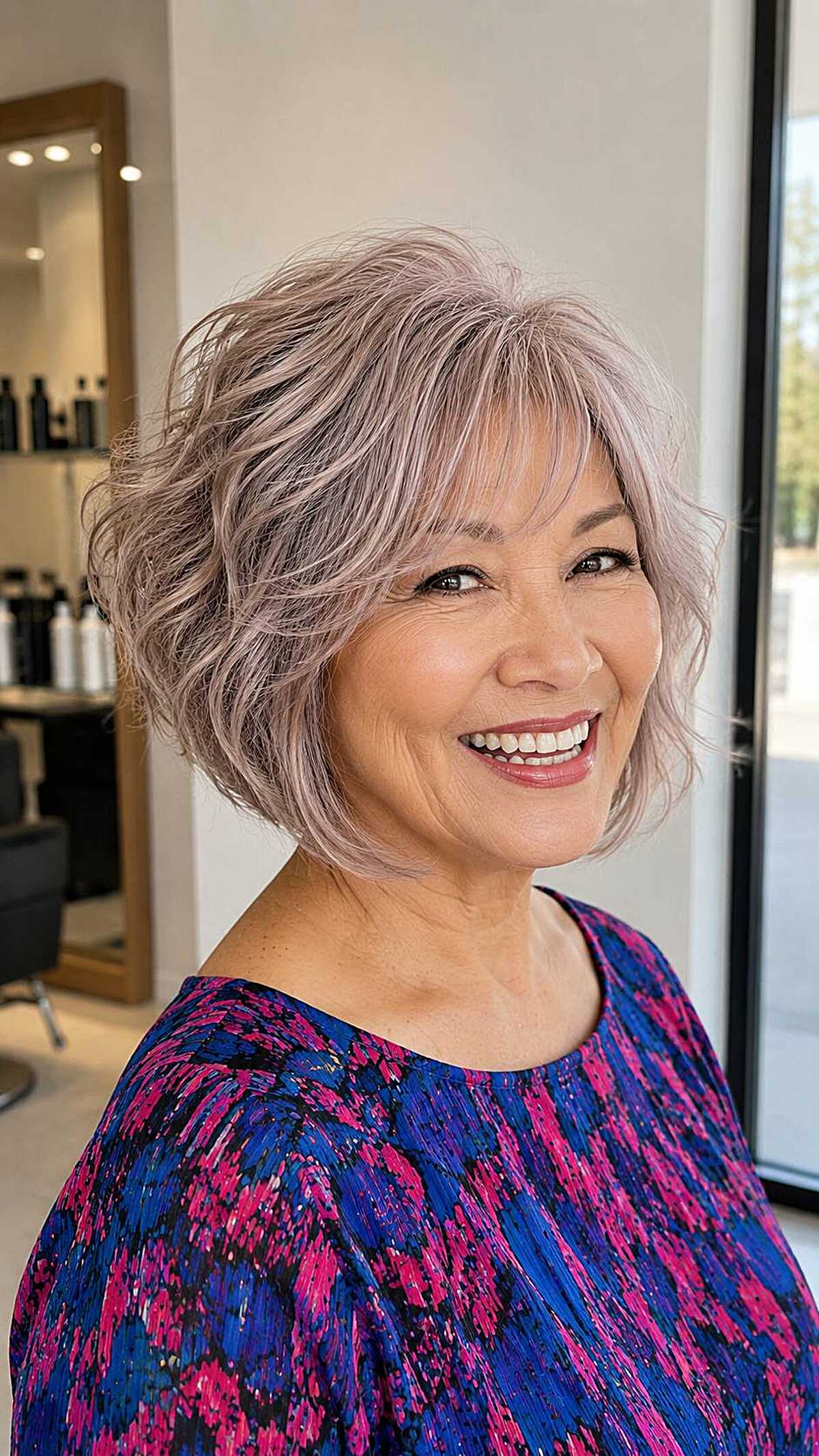 Wavy lavender-gray A-line bob with side bangs