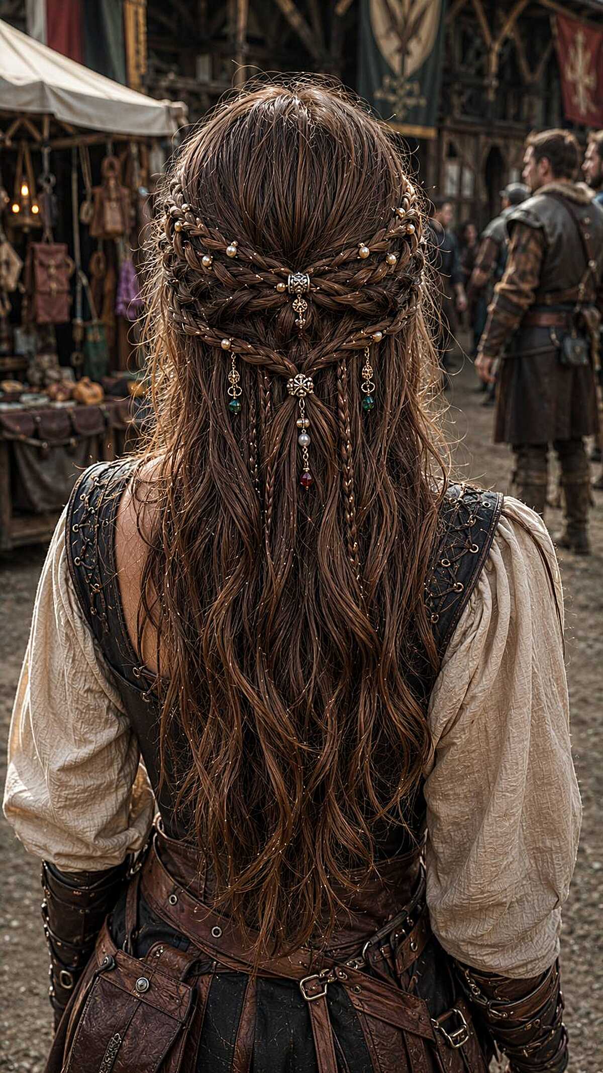 Brown warrior-style braids with hanging metal charms
