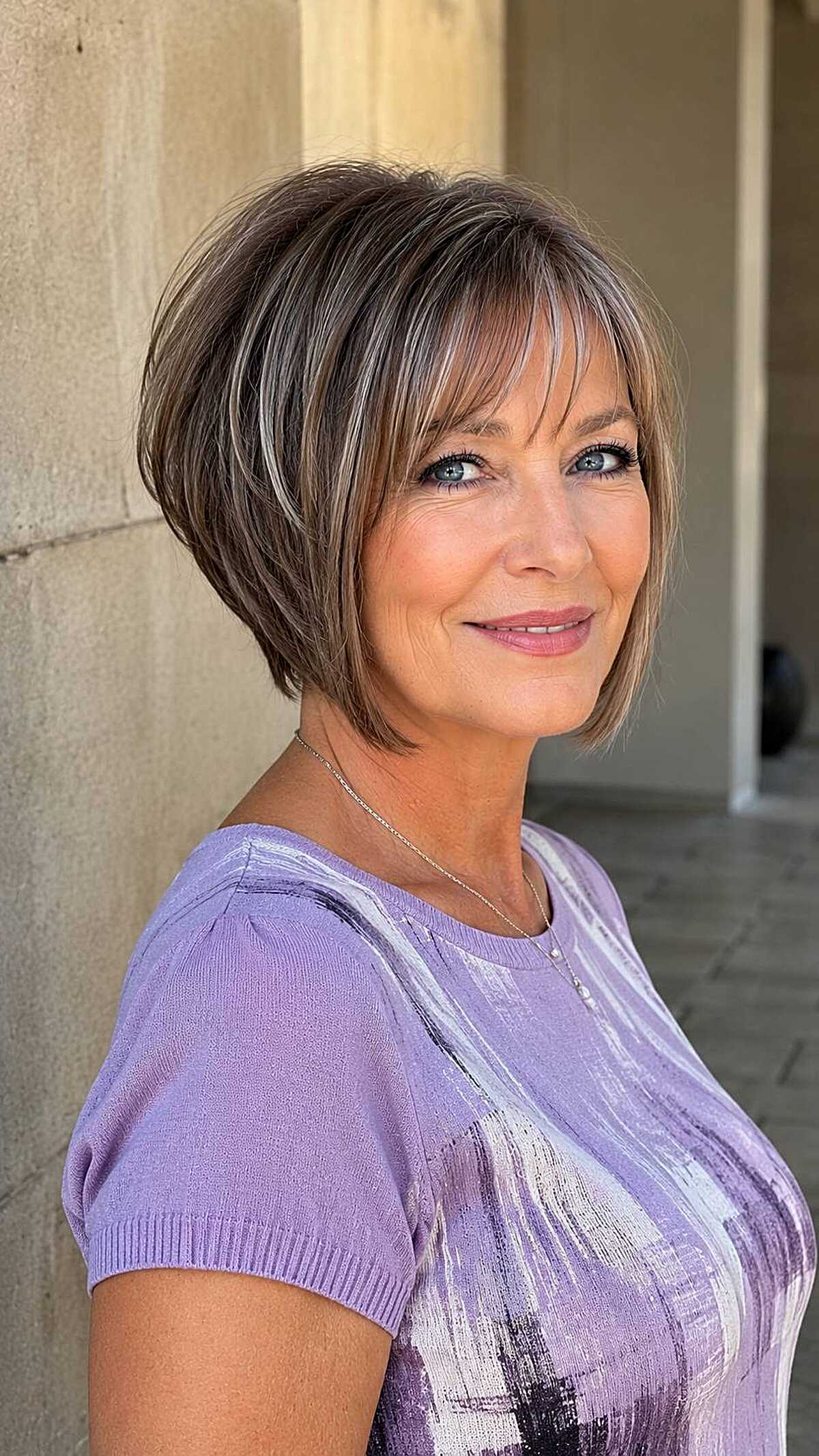 Short angled bob with silver streaks on brunette hair