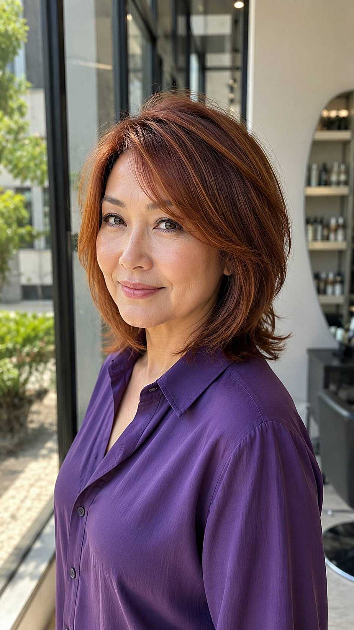 Auburn layered midi-length cut with deep side part