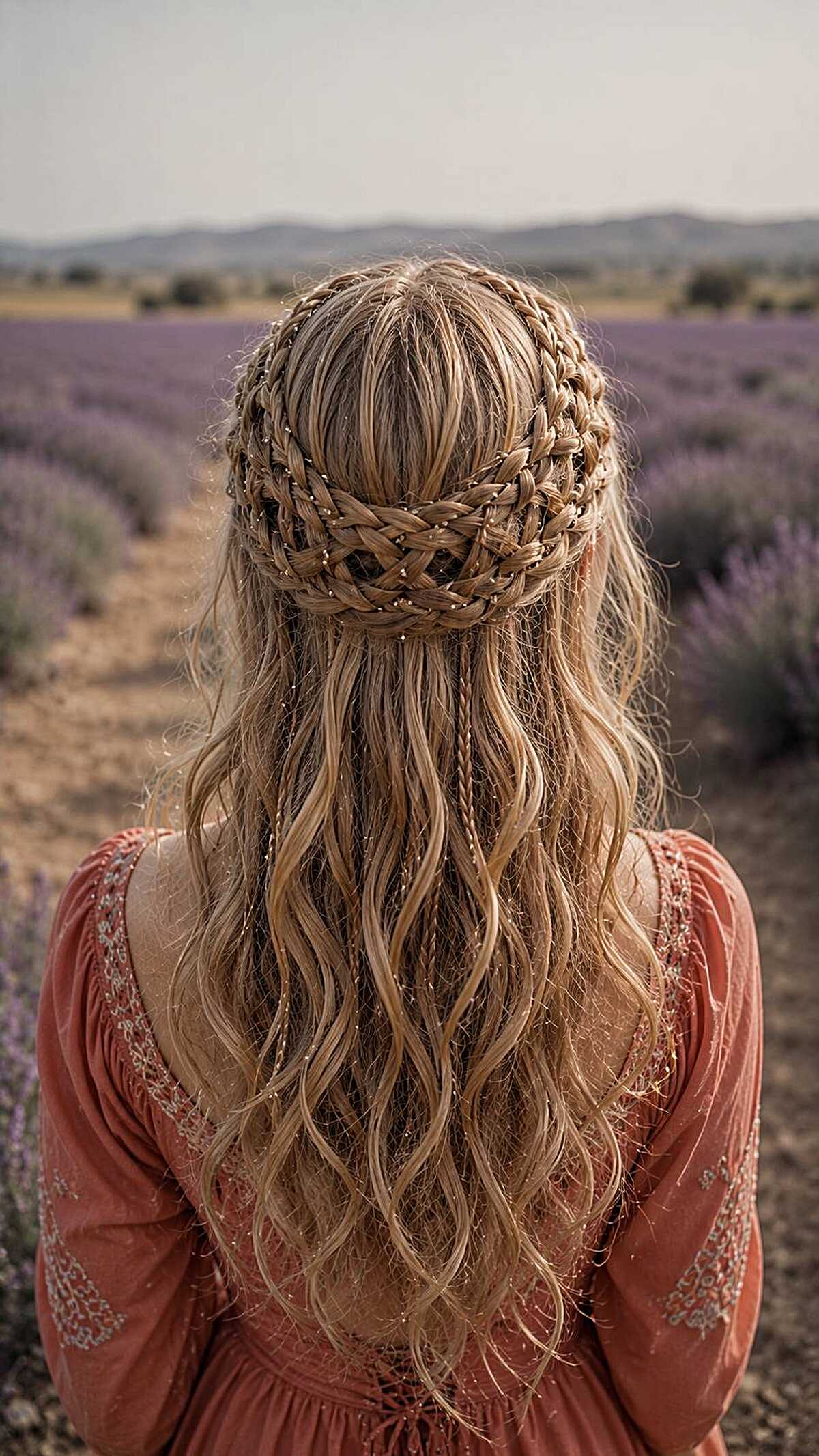 Blonde woven basket braid crown with loose wavy lengths