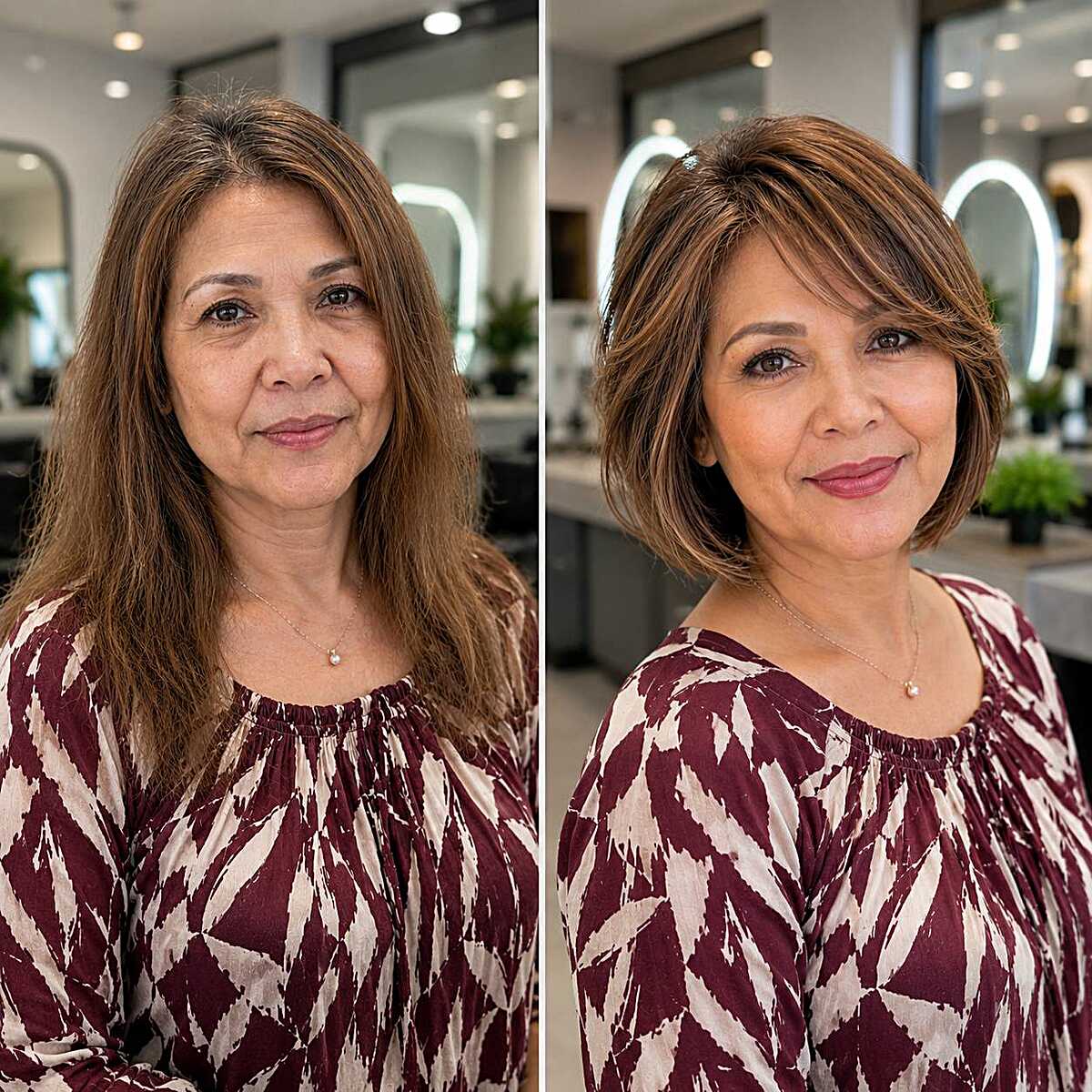 Before and after layered bob transformation on woman over 50