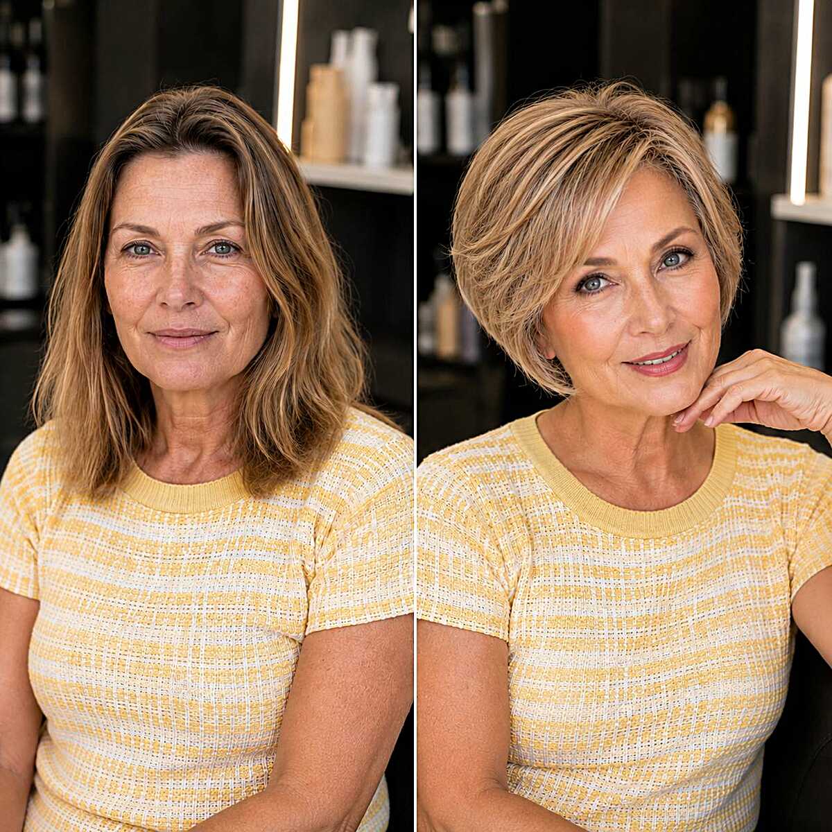 Before and after from long hair to short layered bob