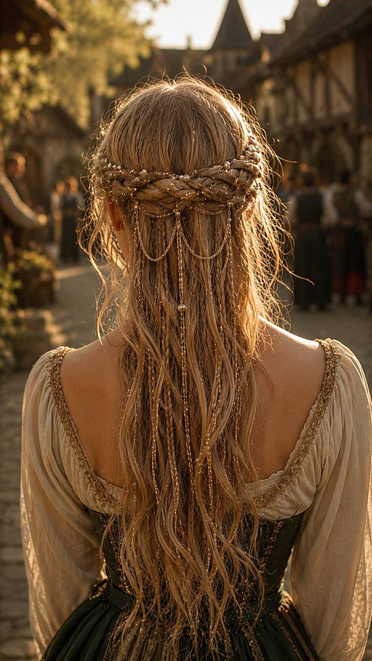 Blonde braided crown with gold chain swags in sunset