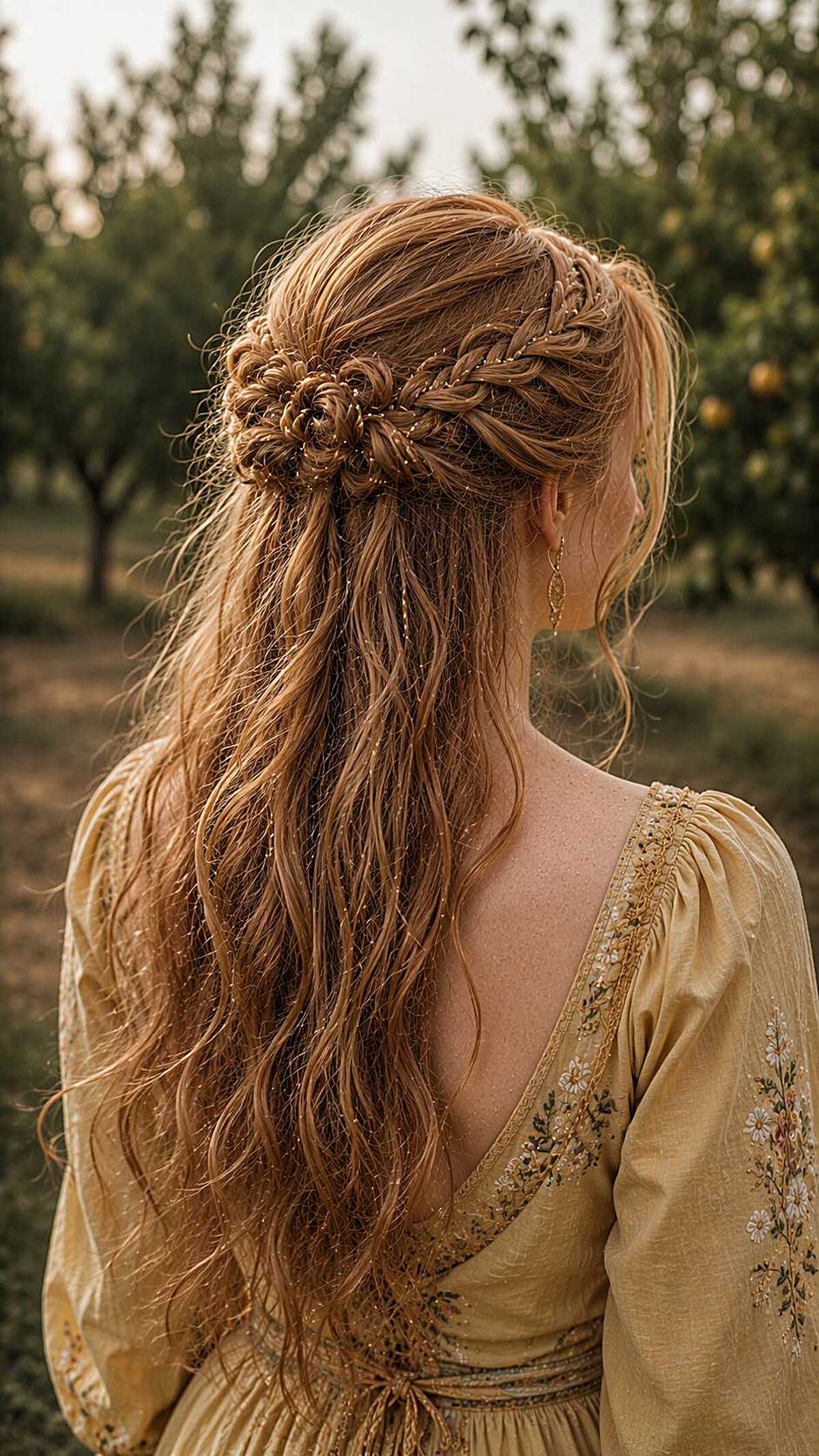 Strawberry blonde half-up with braided flower rosette