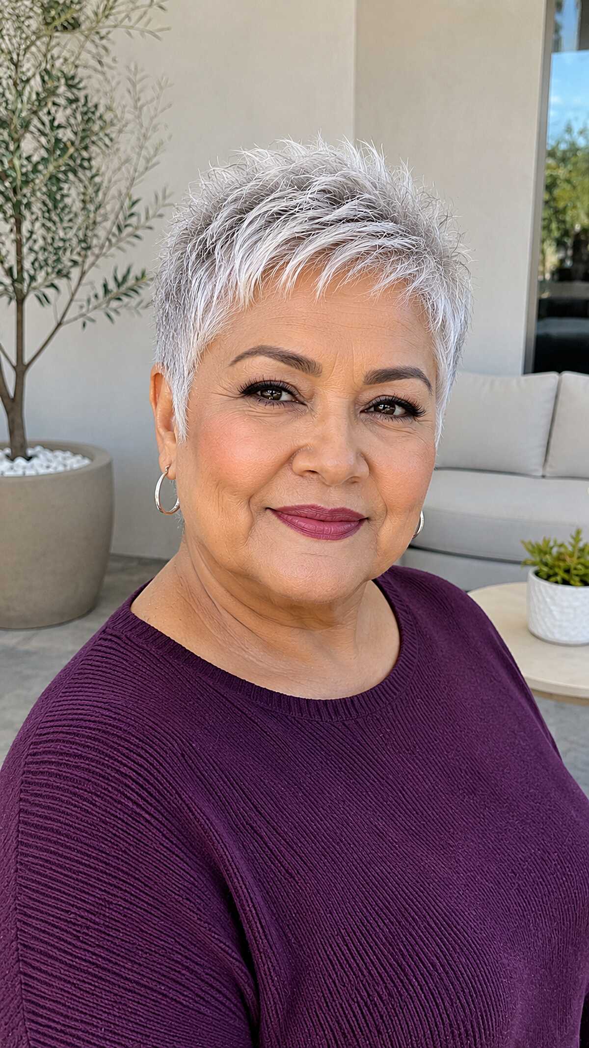 Bright silver spiky pixie with purple sweater over 50