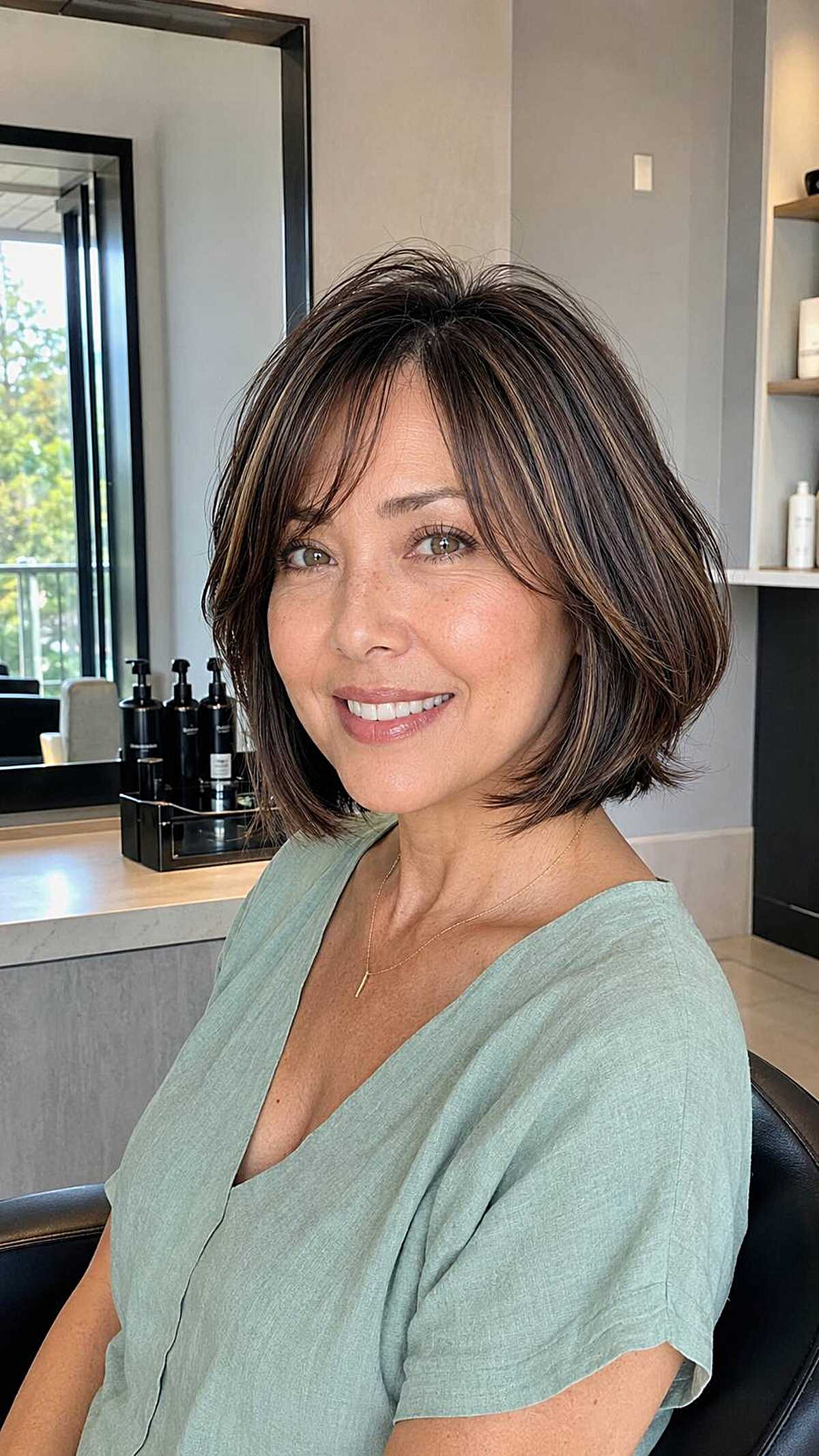 Layered dark bob with curtain bangs and highlights