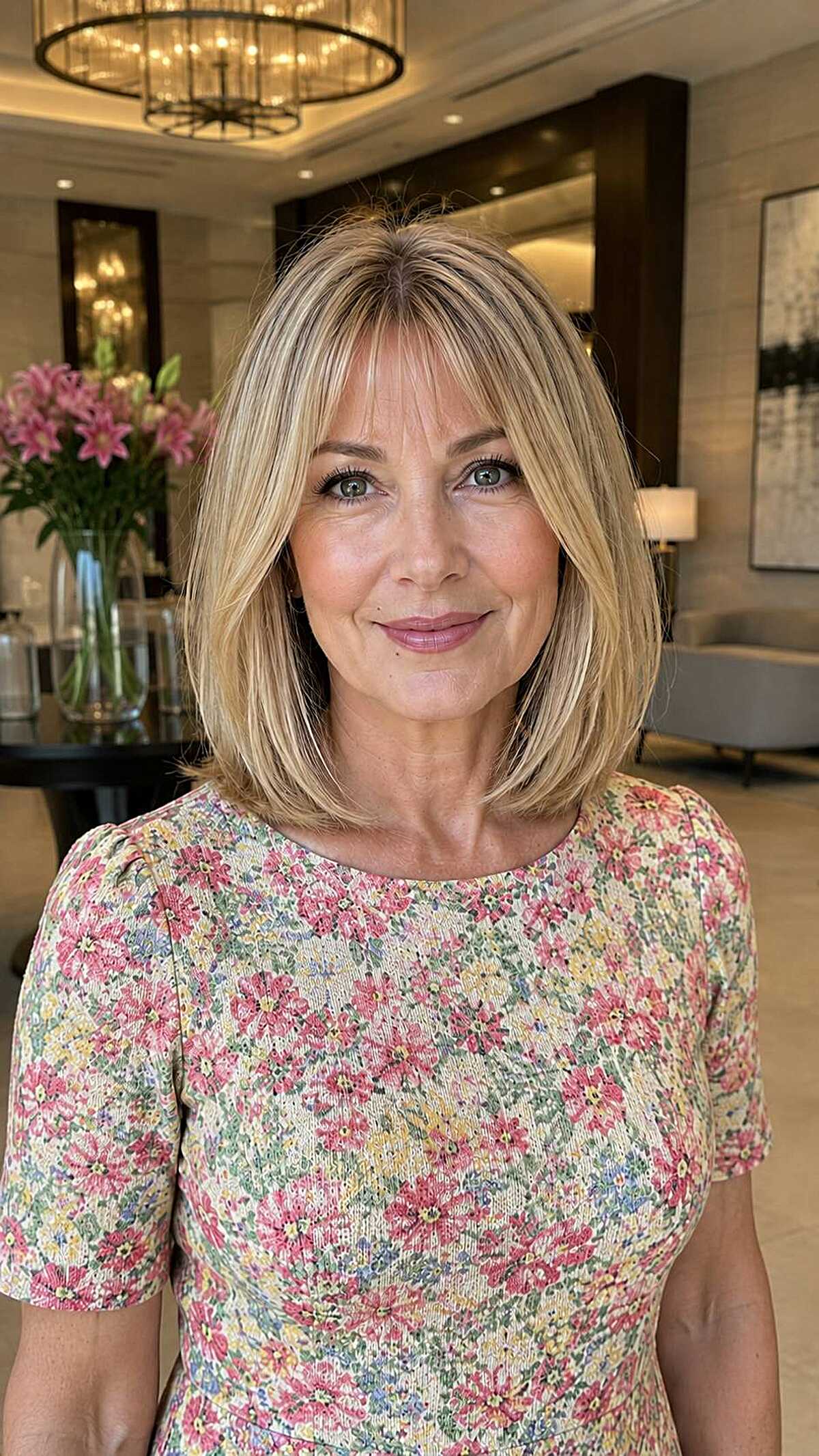 Buttery blonde chin-length bob with wispy fringe bangs
