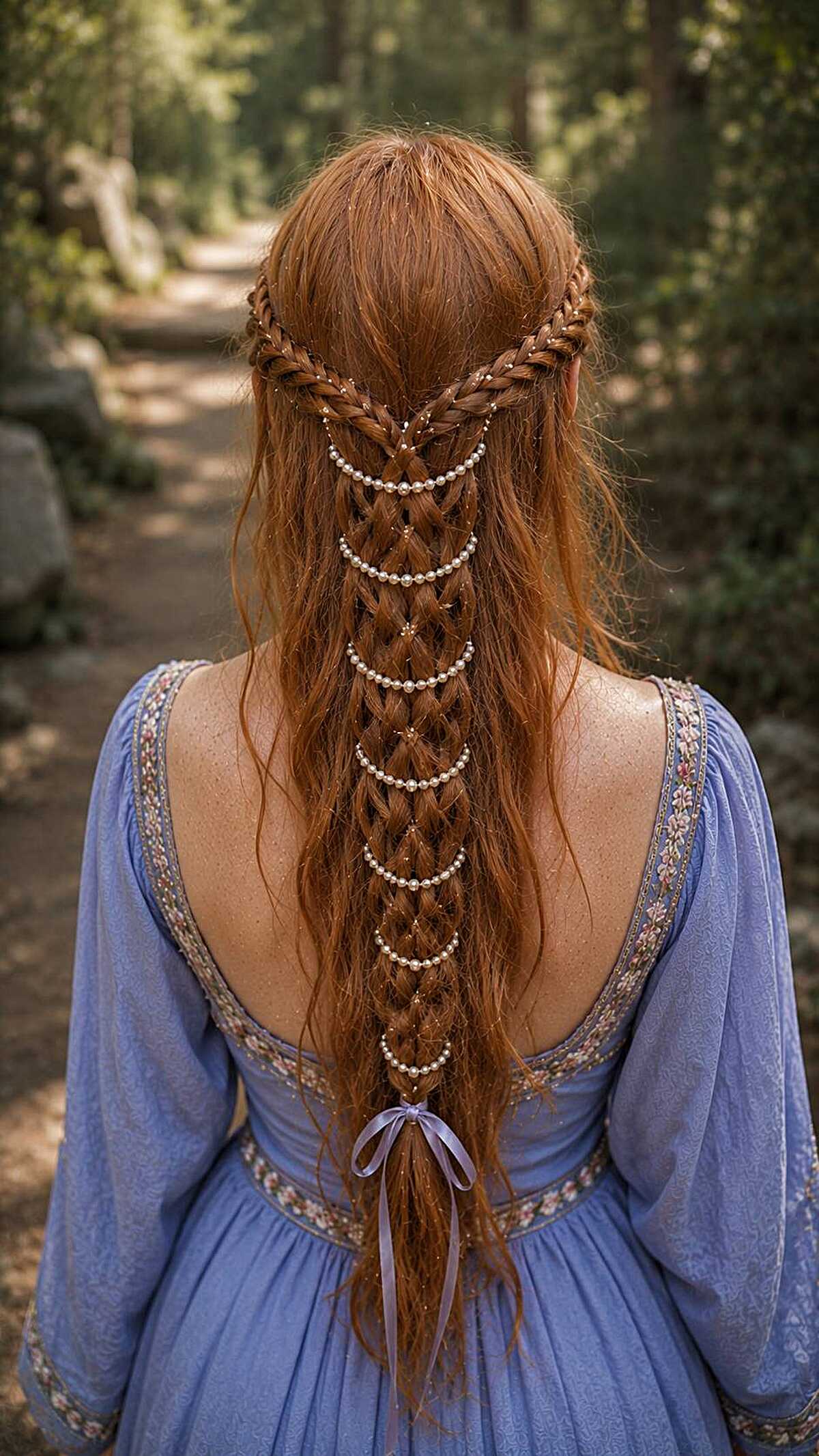 Red hair with intricate ladder braid and pearl draping