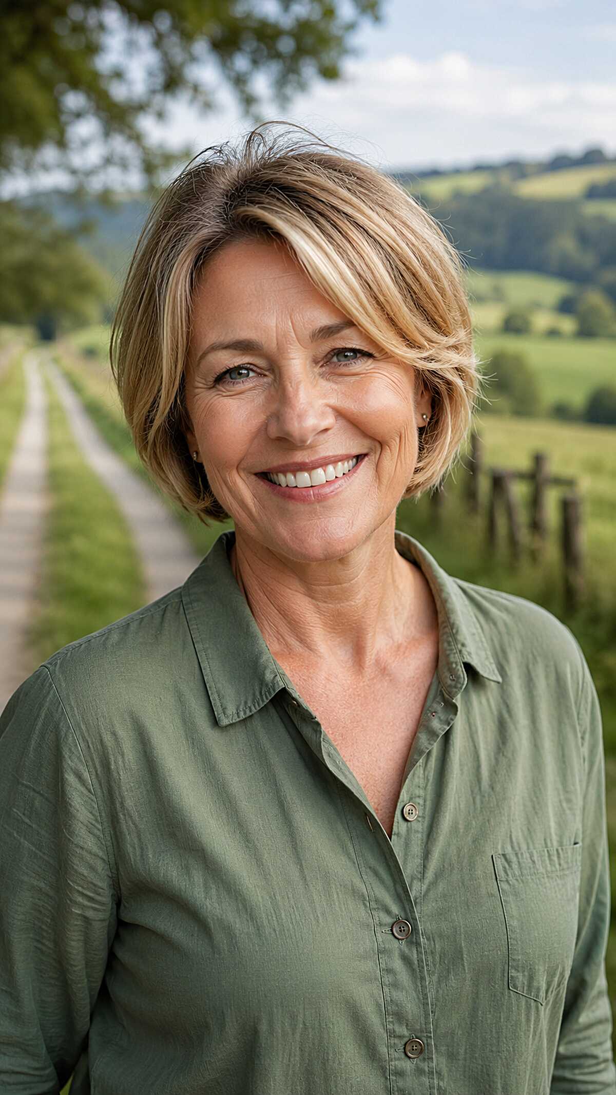 Chin-Length Side Part Bob with Warm Blonde Highlights