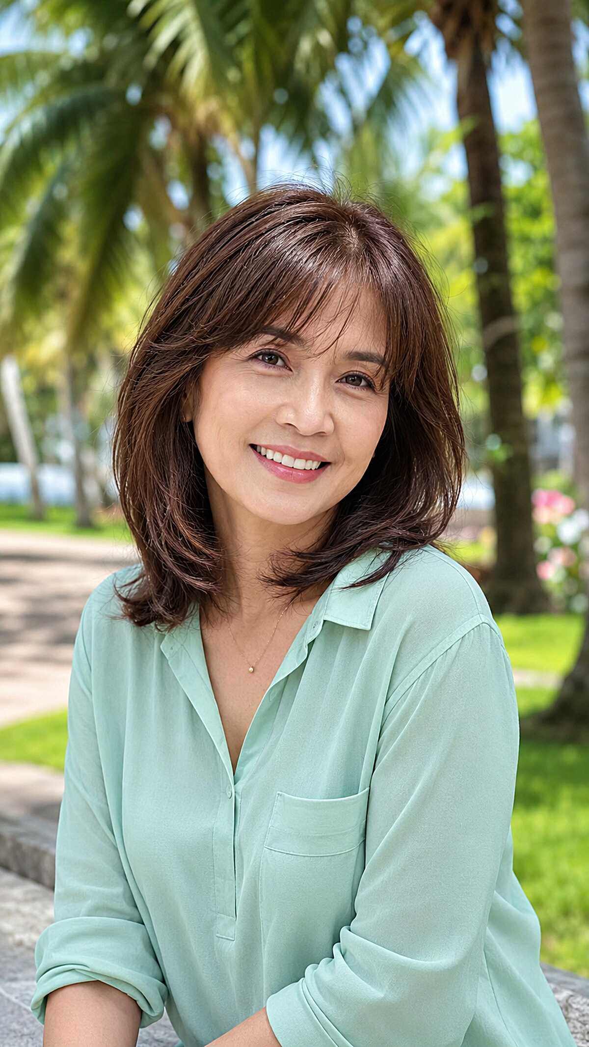 Chocolate Brown Shoulder Cut with Swept Face-Framing Fringe