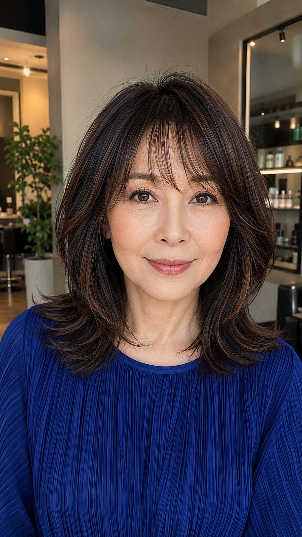 Collarbone-Length Dark Shag Lob with Feathered Face Framing